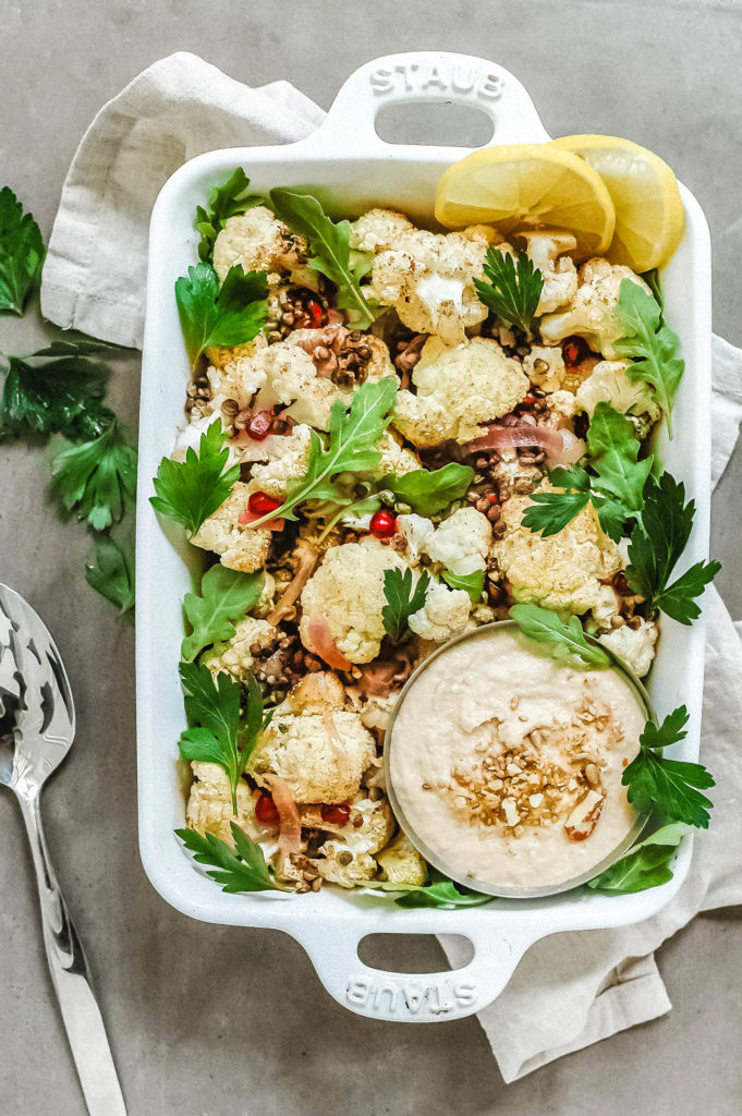 Roasted Mediterranean Spiced Cauliflower Toss with Lemon Tahini Dressing & Crispy Sprouted Lentils 1 - | roottoskykitchen.com