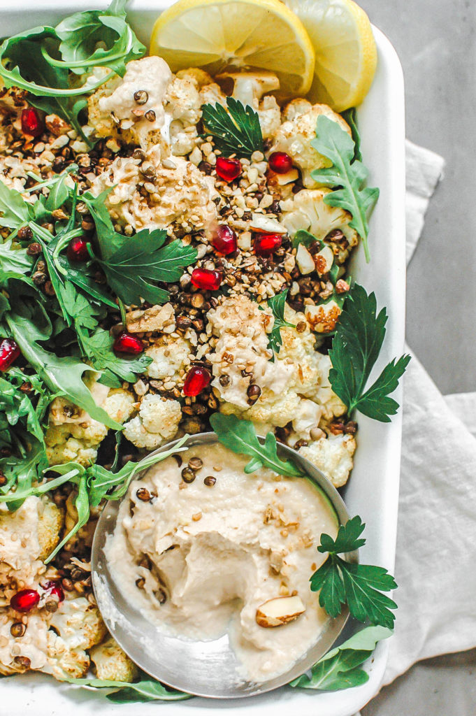 Roasted Mediterranean Spiced Cauliflower Toss with Lemon Tahini Dressing & Crispy Sprouted Lentils 4 | roottoskykitchen.com