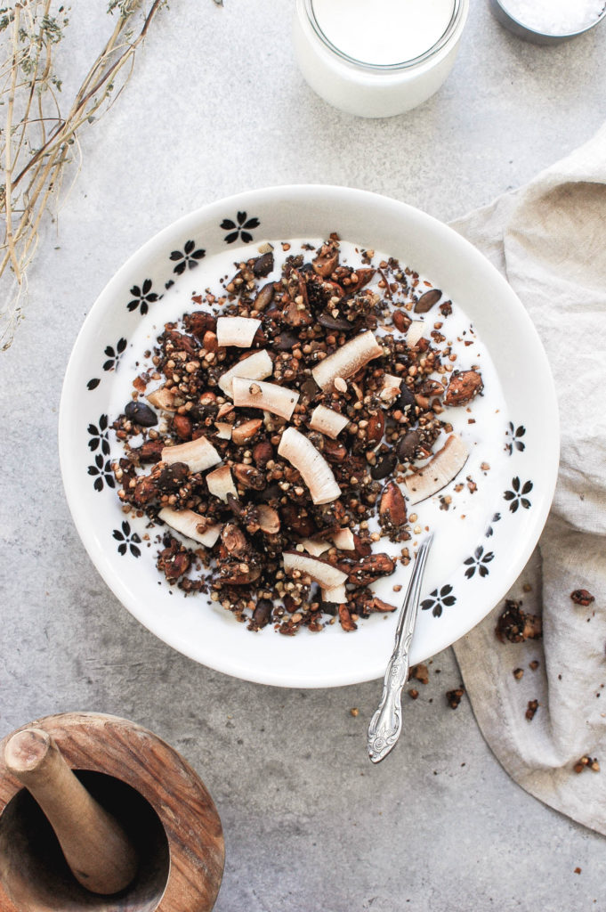 Activated Spiced Buckwheat Cereal with Coconut, Chia, Almonds and Maple in Grass Fed Goat Kefir 1 -roottoskykitchen.com