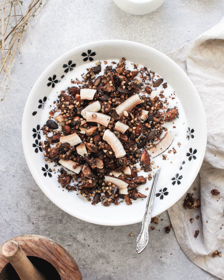 Activated Spiced Buckwheat Cereal with Coconut, Chia, Almonds and Maple in Grass Fed Goat Kefir 1 -roottoskykitchen.com